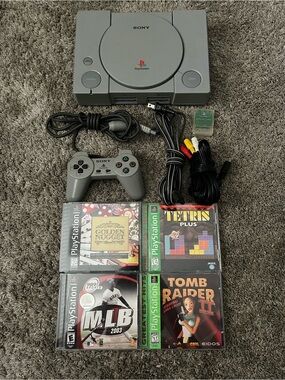 Sony Gray PlayStation Console with Controller, AV Cables & 4 Games